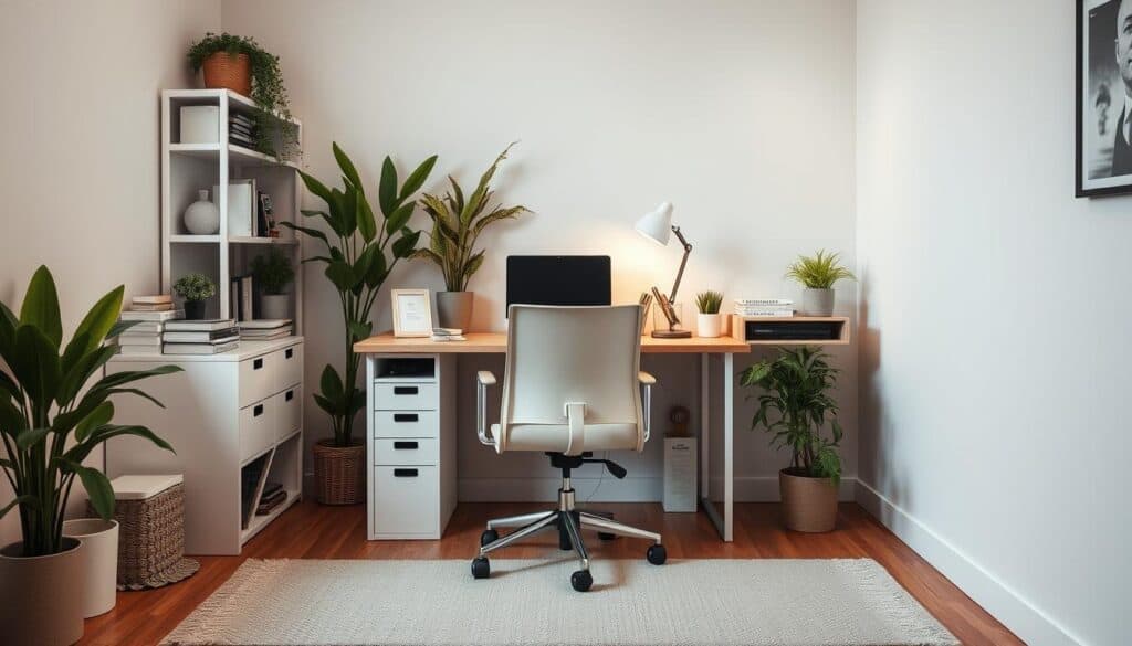 A cozy home office with a white desk and beige chair facing a computer monitor. The room is decorated with various green plants, shelves with books and decor, and a desk lamp. The floor is hardwood with a light rug. Natural light brightens the space.