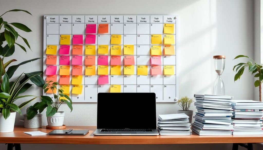 A desk with a laptop, stacks of books, an hourglass, and potted plants, sits beneath a wall calendar filled with colorful sticky notes. Sunlight beams through the window, casting a warm glow over the tidy, organized workspace.