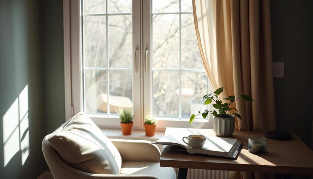 A cozy home office with an armchair and a wooden desk next to large windows. Sunlight streams in, illuminating a book and a cup of coffee on the desk. Two small potted plants and a larger plant adorn the space, framed by light-colored curtains.