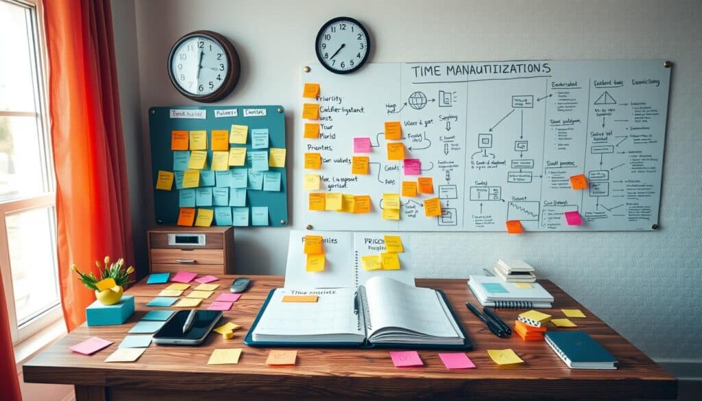 A home office desk with an open planner surrounded by sticky notes, pens, and a potted plant. A whiteboard covered in diagrams, lists, and more sticky notes is on the wall behind. Two clocks display different time zones, and sunlight streams through a window with orange curtains.