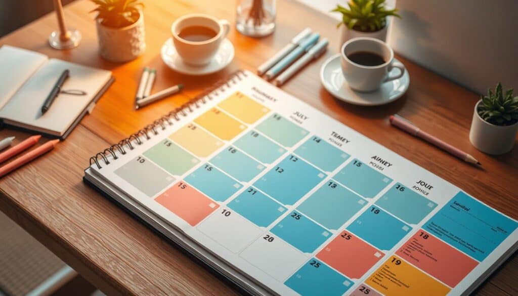 A colorful desk calendar displaying a monthly view of days sits on a wooden desk. The desk also holds two cups of coffee, several pens, a notebook, and small potted plants, creating a well-organized and inviting workspace bathed in sunlight.