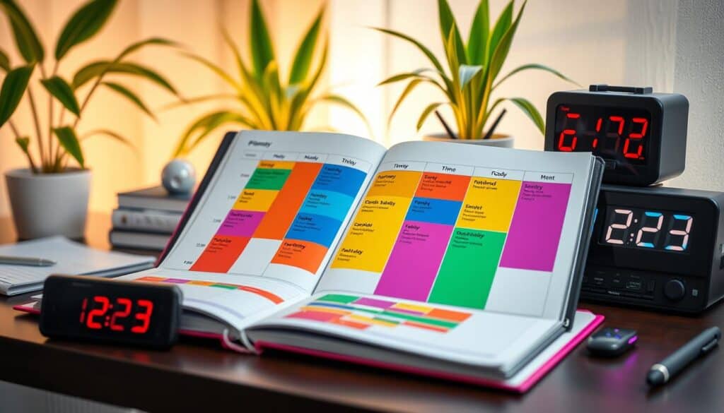 An open planner lies on a wooden desk, displaying a colorful weekly schedule. Digital clocks showing different times and potted plants are also on the desk. Sunlight filters through blinds in the background, casting a warm glow over the organized workspace.