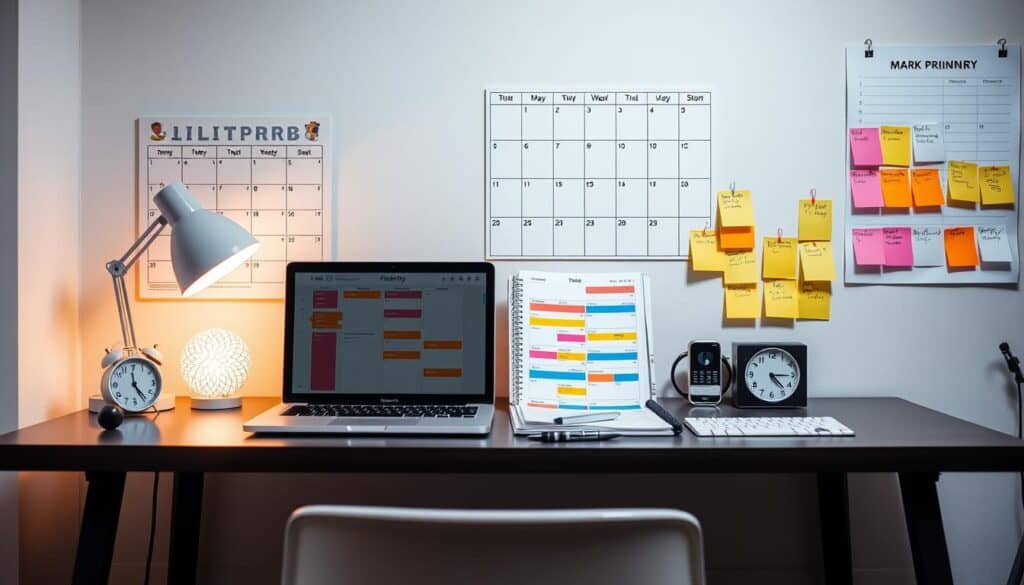 A well-organized desk with a laptop displaying a color-coded schedule, a table lamp, a pineapple decor light, a phone, a clock, and sticky notes on the wall. Two monthly calendars are also on the wall, showing different months.