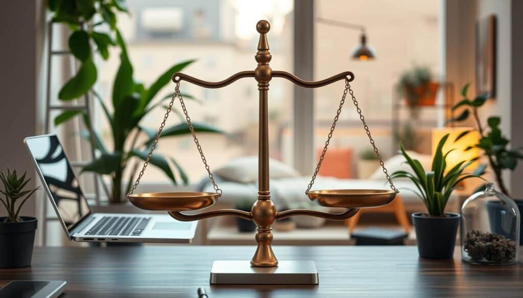 A balanced brass scale sits prominently on a wooden desk, surrounded by green potted plants, a laptop, and office supplies. The scene is set in a modern, cozy office space with large windows and soft, warm lighting.