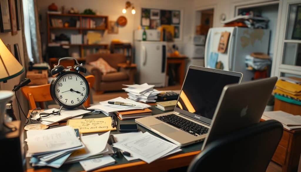 A cluttered desk with a laptop, paperwork, sticky notes, and a large black alarm clock. The background features a cozy living area with bookshelves, a couch, and a refrigerator, creating a homely, busy workspace atmosphere.