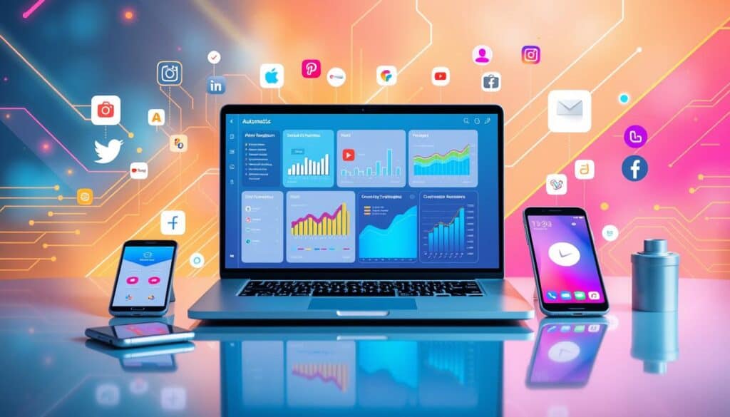 A colorful, tech-themed image featuring a laptop displaying data analytics on its screen, surrounded by a variety of electronic devices such as smartphones and tablets. Various social media icons and digital communication symbols are floating in the background.