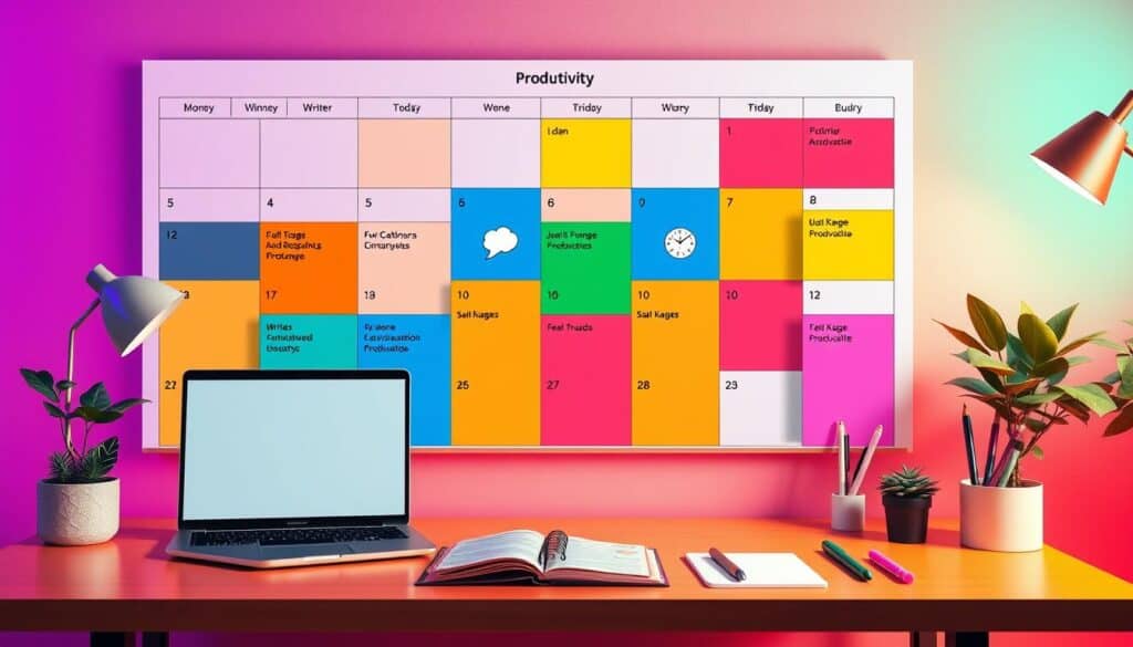 A colorful productivity calendar on a wall above a well-organized desk. The desk has a laptop, an open notebook, pens, a small plant, and other office supplies. The calendar is divided into color-coded sections for different tasks and dates.