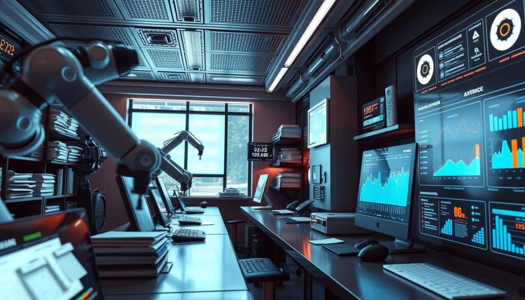 A high-tech workspace filled with multiple monitors displaying charts, graphs, and data. Robotic arms and stacks of documents are on the desks, and a large window allows natural light to flood the room. The environment suggests a focus on technology and analytics.