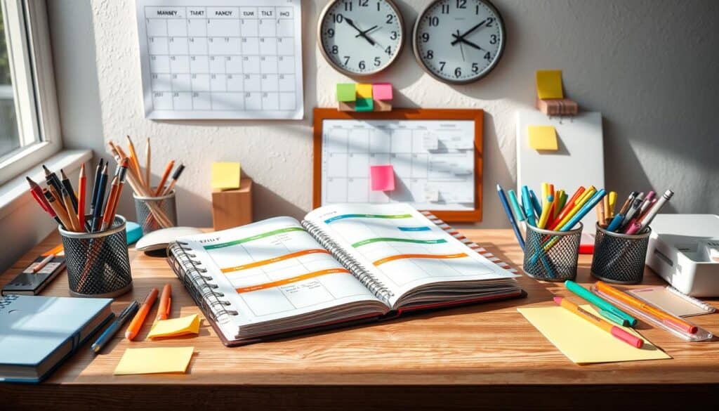 A well-organized desk with an open planner, colorful pens and pencils in holders, sticky notes, and various office supplies. Wall-mounted calendars and clocks are visible in the background, underlining a productive and neatly arranged workspace.