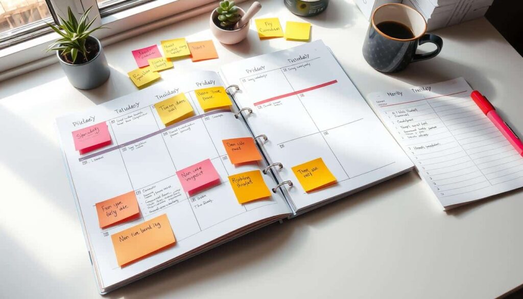 An open planner on a desk displays a week filled with colorful sticky notes. A to-do list and a red pen are beside the planner. Small potted plants, a cup of coffee, and a window letting in natural light complete the cozy workspace setup.