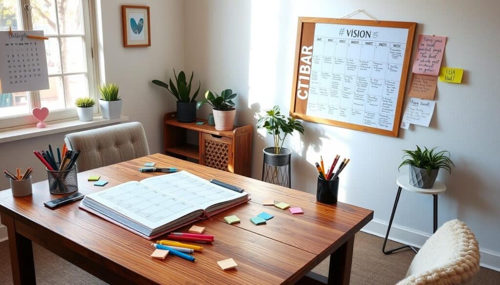 A brightly lit home office with a wooden desk, an open planner, colorful pens, sticky notes, and potted plants. A large vision board with "CITIBAR" at the top is mounted on the wall, surrounded by sticky notes. A calendar and a heart decoration are on a nearby wall.