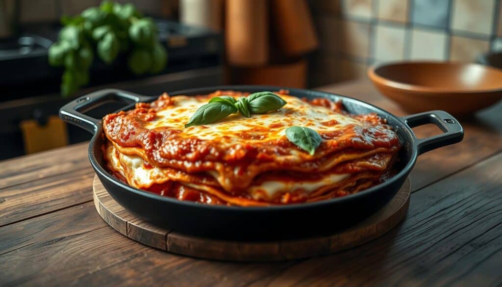 A freshly baked lasagna sits in a black skillet on a wooden table. The dish is topped with melted cheese and garnished with fresh basil leaves. In the background, there's a blurred view of a kitchen with a cutting board, bowl, and a basil plant.