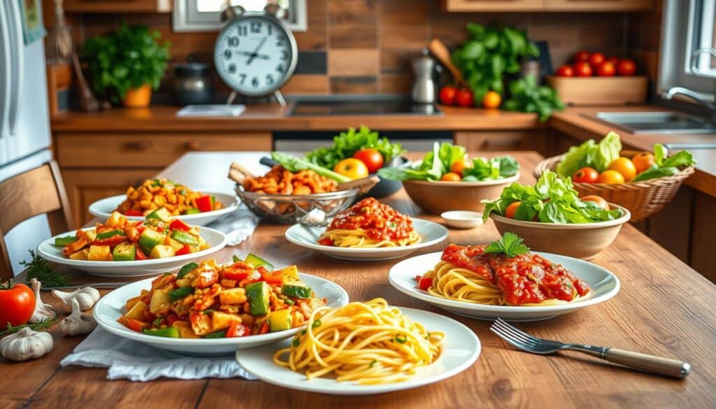 A rustic kitchen table is filled with plates of various Italian dishes, including spaghetti with tomato sauce, vegetable pasta, and side salads. Fresh ingredients like tomatoes, basil, and garlic are scattered around, and a large clock is seen in the background.