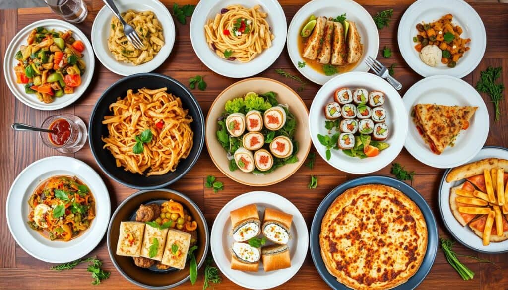 A top view of a wooden table filled with assorted dishes, including pasta, sushi rolls, salads, pizza, fries, stuffed breads, and desserts. The colorful and diverse spread showcases a range of international cuisines, artfully arranged on white plates.