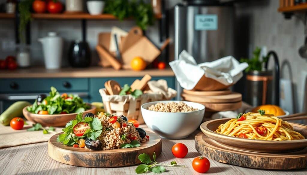 A kitchen counter displays a variety of vibrant dishes, including a fresh salad with tomatoes and olives, a bowl of cooked grains, and a plate of spaghetti topped with cherry tomatoes. Behind it, a modern kitchen setup with shelves, jars, and utensils is visible.