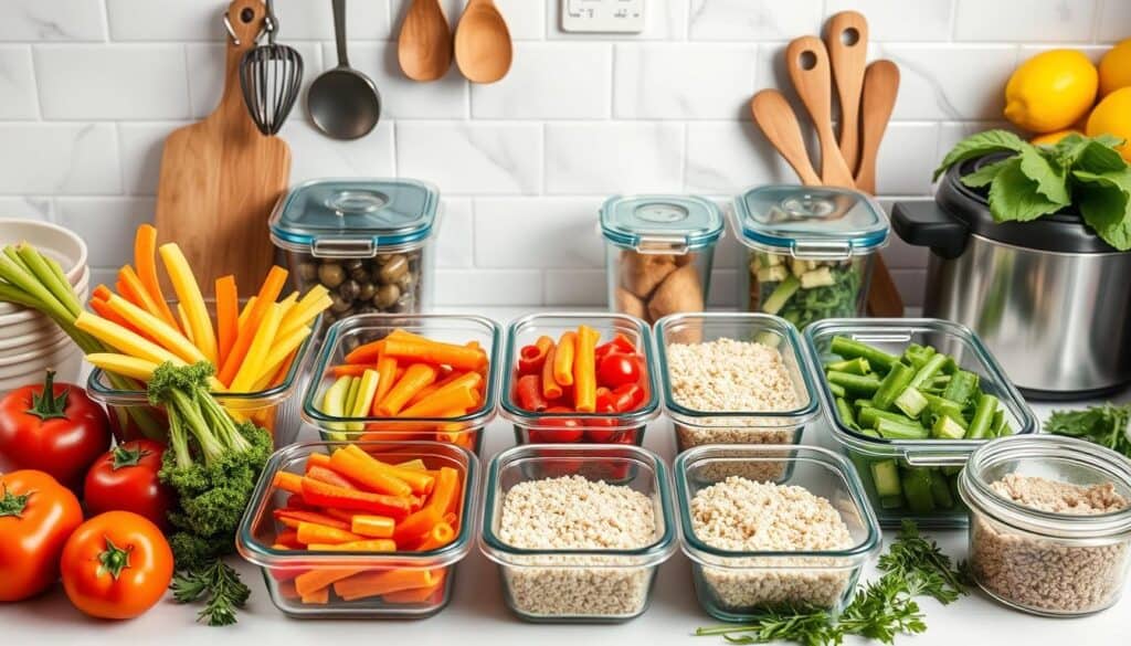 A kitchen counter is filled with an array of colorful, prepped vegetables and grains in glass containers. There are carrots, bell peppers, cherry tomatoes, celery, and broccoli, alongside containers of cooked rice and quinoa. Cooking utensils hang on a tiled backsplash.