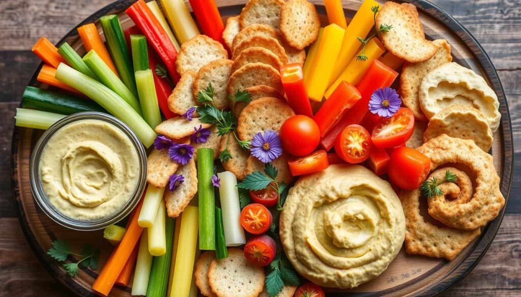 A colorful platter of snacks featuring various sliced vegetables such as celery, bell peppers, and carrots, alongside cherry tomatoes, slices of bread, and crackers, with two bowls of creamy dip. Edible flowers and herbs garnish the platter.