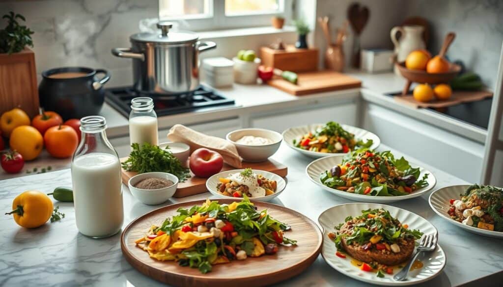 A bright kitchen with a variety of colorful, fresh salads and dishes on a white countertop. Lettuce, chopped vegetables, and garnishes fill the plates. Bottles of milk, fruits, and a pot on the stove are also visible, creating a wholesome and inviting meal scene.