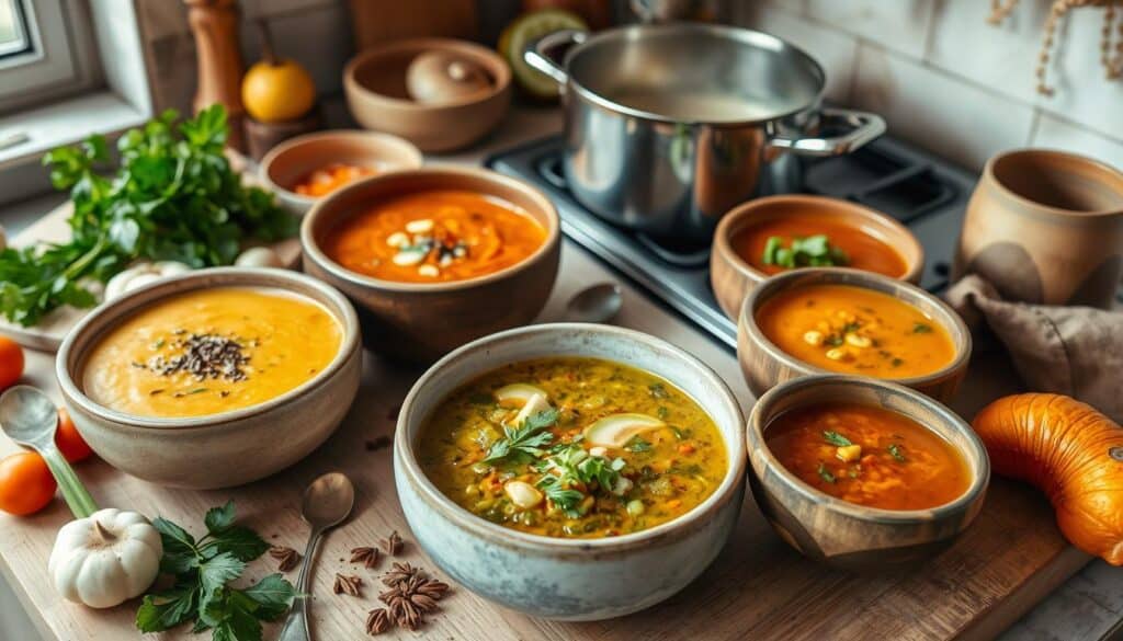 A kitchen counter displaying an array of soups: creamy squash, lentil, and tomato in rustic bowls. Fresh herbs and vegetables scattered around add color. A stainless steel pot boils on a stove in the background, creating a cozy and appetizing scene.