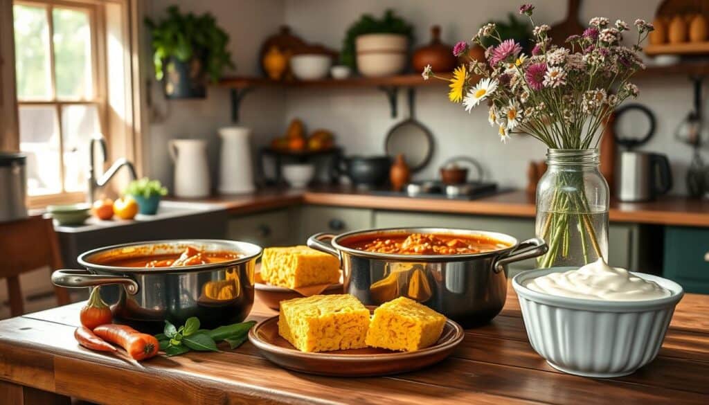 A cozy kitchen with a wooden table set with pots of chili, cornbread slices, a bowl of sour cream, and a jar of wildflowers. The background features various kitchen items and a window letting in natural light.