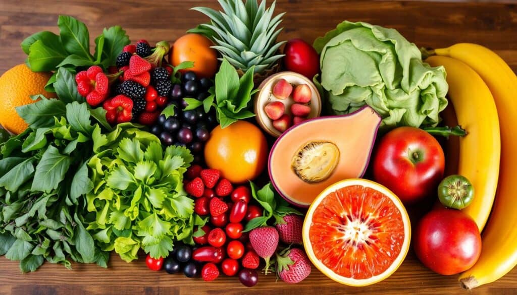 A colorful assortment of fresh fruits and vegetables on a wooden surface. The spread includes strawberries, blackberries, raspberries, bananas, grapes, oranges, tomatoes, lettuce, leafy greens, a cut papaya, a cut passion fruit, and a whole pineapple.