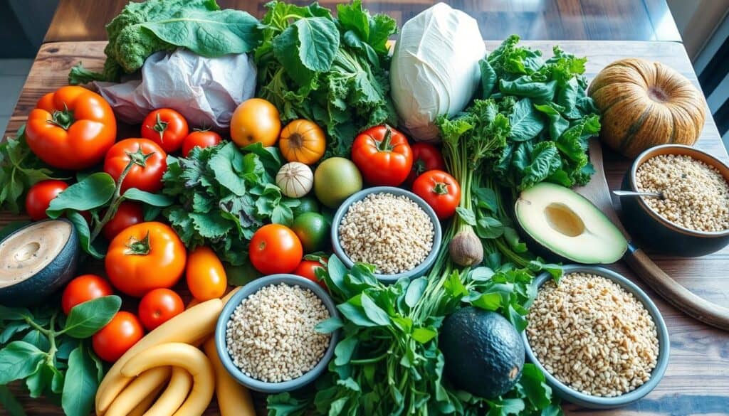 A colorful assortment of fresh vegetables and fruits on a table, including tomatoes, leafy greens, cabbage, avocados, bananas, and a pumpkin. There are also several bowls filled with grains and various leafy herbs scattered around.