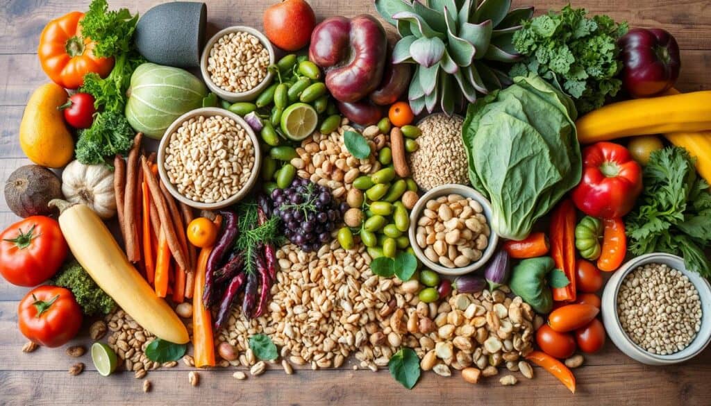 A diverse and colorful spread of fresh produce and nuts on a wooden surface. Items include bananas, tomatoes, carrots, peppers, avocados, leafy greens, various nuts in bowls, grapes, and more, showcasing a vibrant selection of healthy foods.