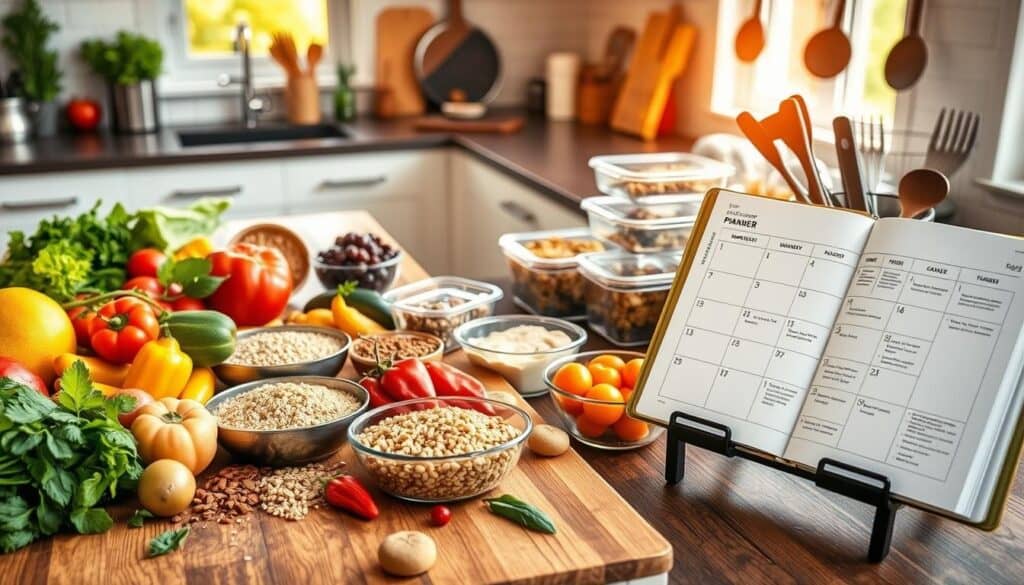 A kitchen counter displaying various fresh vegetables, grains, and spices in containers. There is also an open meal planner notebook on a stand, indicating organized meal preparation. The background features kitchen utensils and a window with natural light.