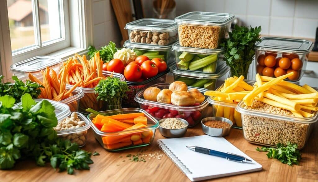 A kitchen counter filled with various fresh vegetables, herbs, and ingredients stored in clear containers. Items include carrots, tomatoes, leafy greens, grains, nuts, and eggs. A pen and notepad are placed in the foreground. Natural light streams through a window.