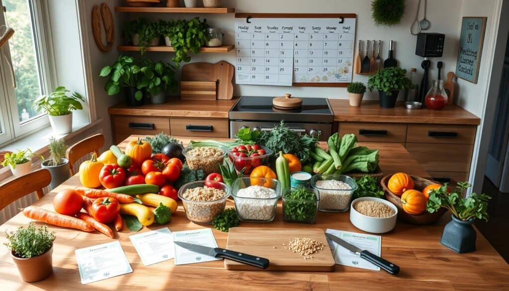 A rustic kitchen scene features a wooden table laden with an assortment of fresh vegetables, grains, and herbs. Behind the table is a calendar pinned on the wall. Various kitchen utensils, including knives and chopping boards, are spread out across the table.