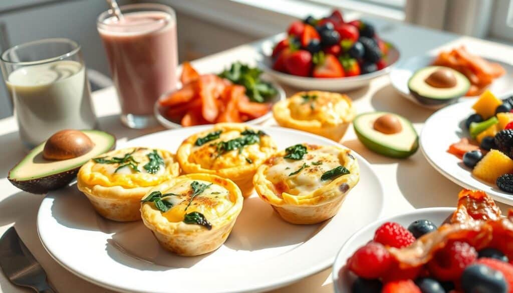 A brightly lit breakfast spread featuring mini spinach and cheese quiches on a white plate, surrounded by halved avocados, mixed fresh fruits, smoked salmon slices, a glass of milk, and a pink smoothie. A window in the background lets in natural light.