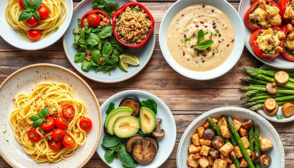 A variety of colorful dishes are arranged on a wooden table, including plates of spaghetti, a spinach and avocado salad, creamy soup with herbs, roasted vegetables, stuffed bell peppers, quinoa, and fresh asparagus and mushrooms.