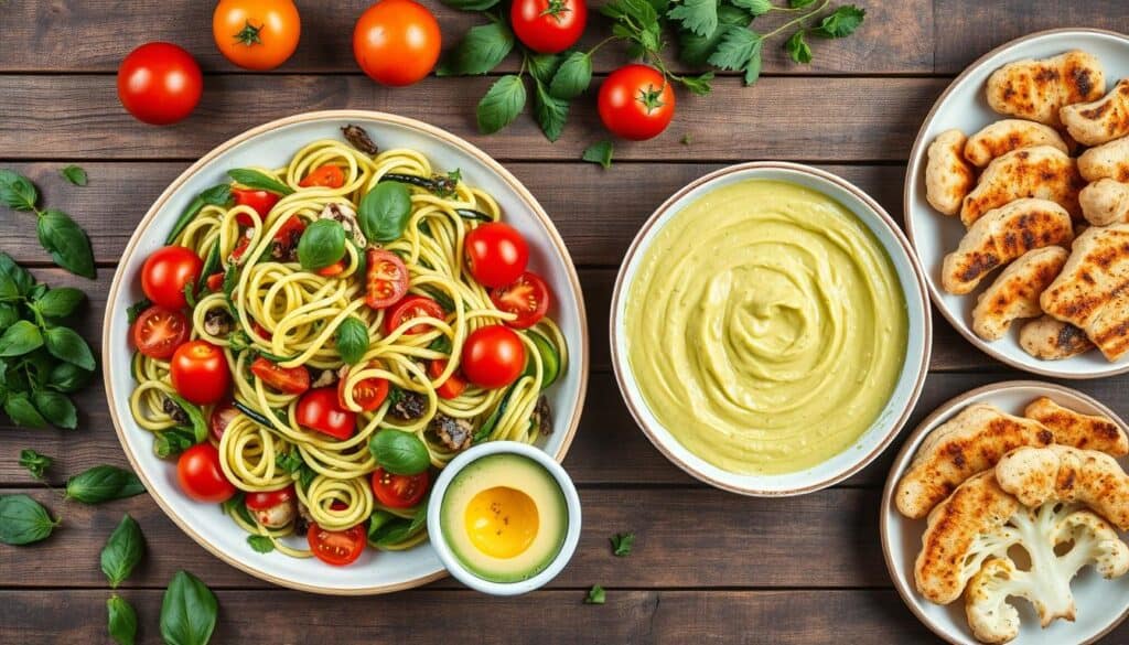 Top view of a wooden table with various dishes, including a bowl of zucchini noodles mixed with cherry tomatoes and basil, a bowl of creamy avocado dip with basil garnish, a plate of grilled chicken pieces, and fresh tomatoes and basil scattered around.