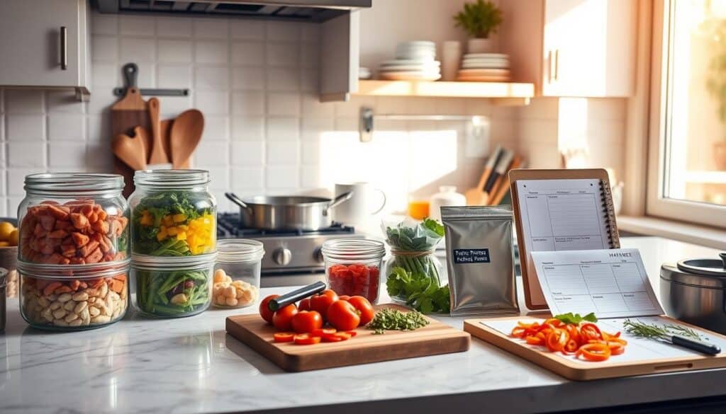 A well-lit kitchen counter with various ingredients and tools prepared for cooking. Freshly chopped vegetables are in glass jars and plastic containers. A recipe book and cutting board with tomatoes, knives, and seasonings are also visible.