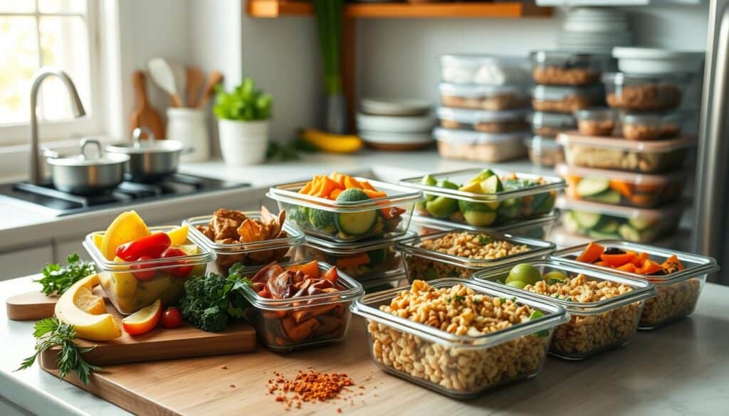 A kitchen counter filled with clear glass containers holding various prepped foods, including sliced vegetables, zucchini, bell peppers, grains, nuts, and fresh greens. In the background, shelves with more meal-prepped containers and kitchen tools can be seen.