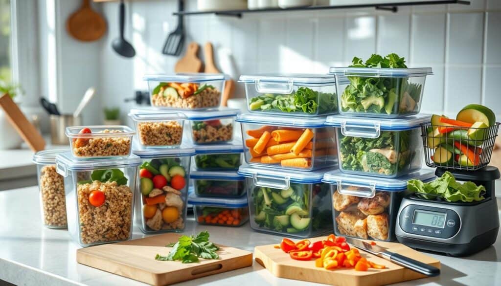 A kitchen counter filled with organized, clear plastic containers containing a variety of healthy foods such as salads, chopped vegetables, quinoa, and cooked meats. Fresh vegetables, a digital kitchen scale, and a knife are also on the counter.