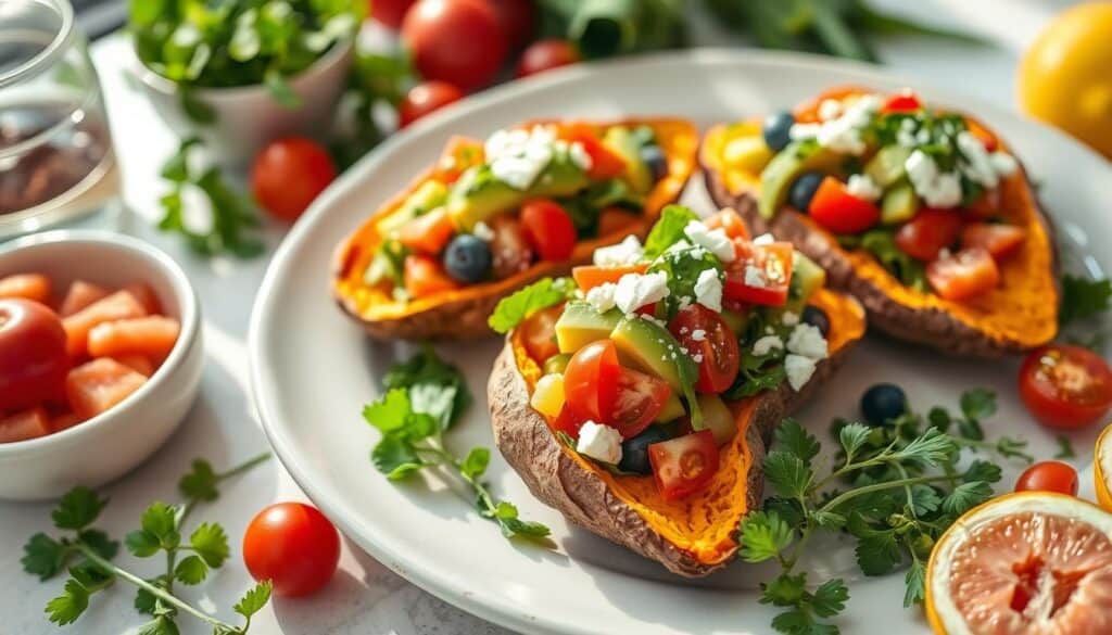 A plate with three loaded sweet potato halves topped with a vibrant mixture of diced tomatoes, cucumbers, bell peppers, blueberries, crumbled cheese, and fresh herbs. Surrounding the plate are fresh ingredients including cherry tomatoes, lemon slices, and parsley.