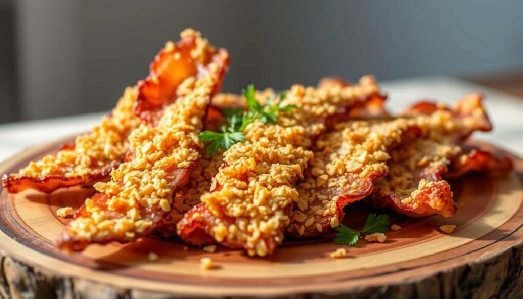 A wooden plate topped with crispy bacon strips coated in chopped nuts, garnished with green parsley. The bacon is presented in a rustic, appetizing manner on a natural wood cutting board, creating an enticing snack or appetizer display.