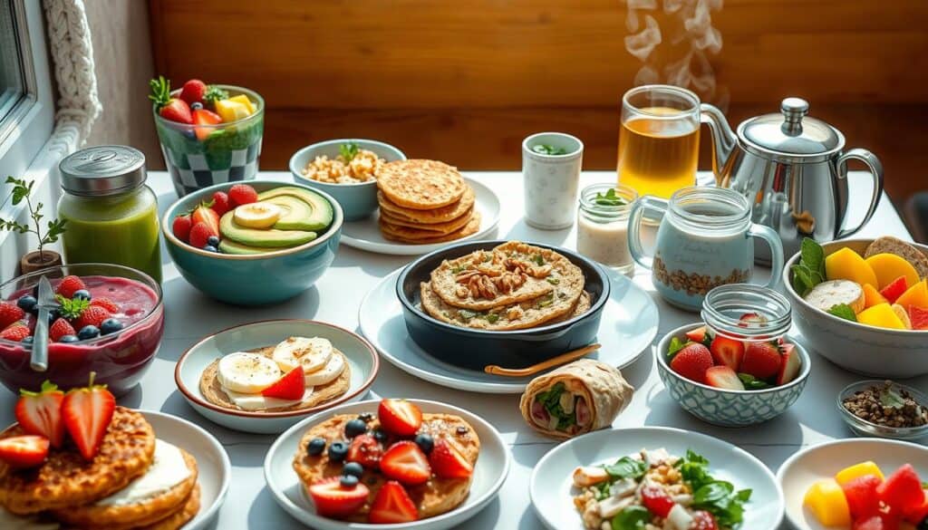 A brightly lit table is filled with an assortment of colorful breakfast items, including pancakes topped with fruits, avocado toast, a smoothie bowl, a plate of eggs, a wrap, and various drinks. The scene is set beside a window with sunlight streaming in.