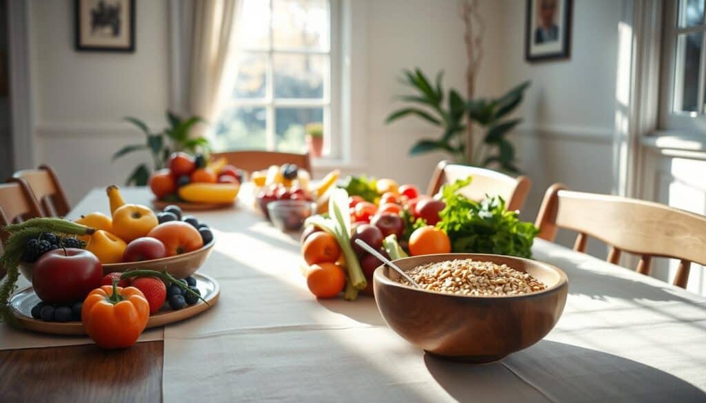 A dining table is set with an array of fresh fruits and vegetables. In the foreground, there's a wooden bowl filled with grains or seeds. The room is well-lit by natural light coming through large windows, and potted plants are visible in the background.