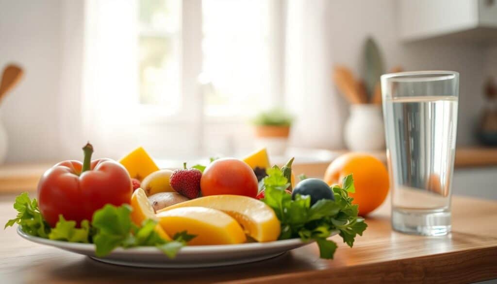 A plate of fresh fruits including apples, strawberries, blueberries, orange slices, and greens is placed on a wooden kitchen counter. A glass of water stands beside the plate. The background features a bright, sunlit kitchen with a window and blurred elements.