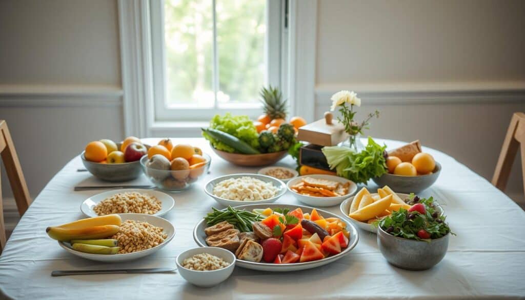 A table set with a variety of fresh fruits, vegetables, grains, and nuts in bowls and plates. There are strawberries, melons, greens, carrots, bread slices, cereals, and different citrus fruits arranged neatly. A window with soft daylight in the background.