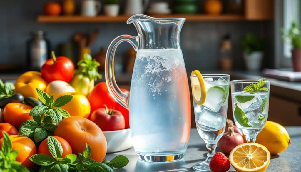 A glass pitcher filled with chilled water and slices of lemon sits on a kitchen counter. Surrounding the pitcher are fresh fruits like oranges, apples, and strawberries, along with green mint leaves. Two glasses of water with lemon and mint accompany the pitcher.