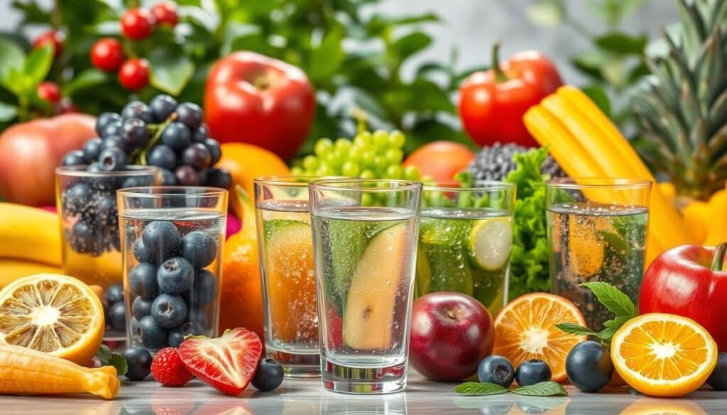 A colorful assortment of fresh fruits, such as strawberries, blueberries, oranges, apples, and grapes, surrounds several glasses of infused water on a table. Each glass contains a variety of fruits, adding vibrant colors and refreshing appeal.