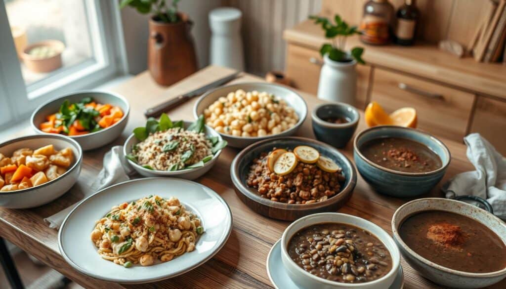 A wooden table is set with a variety of dishes, including bowls of vegetables, grains, stews, and salads. The spread features colorful ingredients and garnishes. A window in the background provides natural light, illuminating the rustic arrangement.