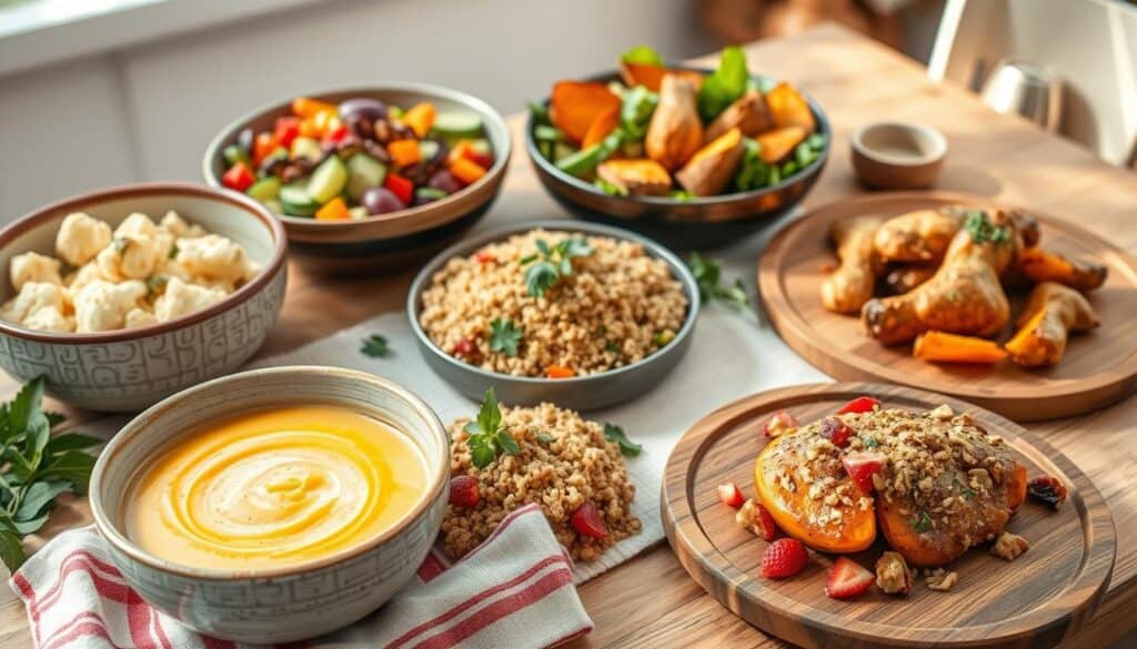 A table is set with a variety of colorful, appetizing dishes including a bowl of creamy soup, a platter of drumsticks with roasted vegetables, a fresh salad, bowls of mixed fruits and quinoa, as well as stuffed butternut squash topped with nuts and berries.