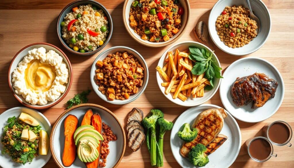 Various dishes are arranged on a wooden table, including bowls of quinoa, lentils, mashed potatoes, and mixed vegetables. There are also plates with grilled chicken, roasted sweet potatoes, broccoli, and avocado slices, alongside cups of sauce.