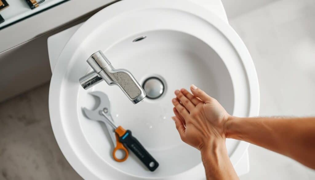 A person holds their hands under a bathroom sink faucet, with a wrench and orange-handled scissors placed inside the sink bowl. The image captures a close-up view from above, focusing on the sink, tools, and hands.