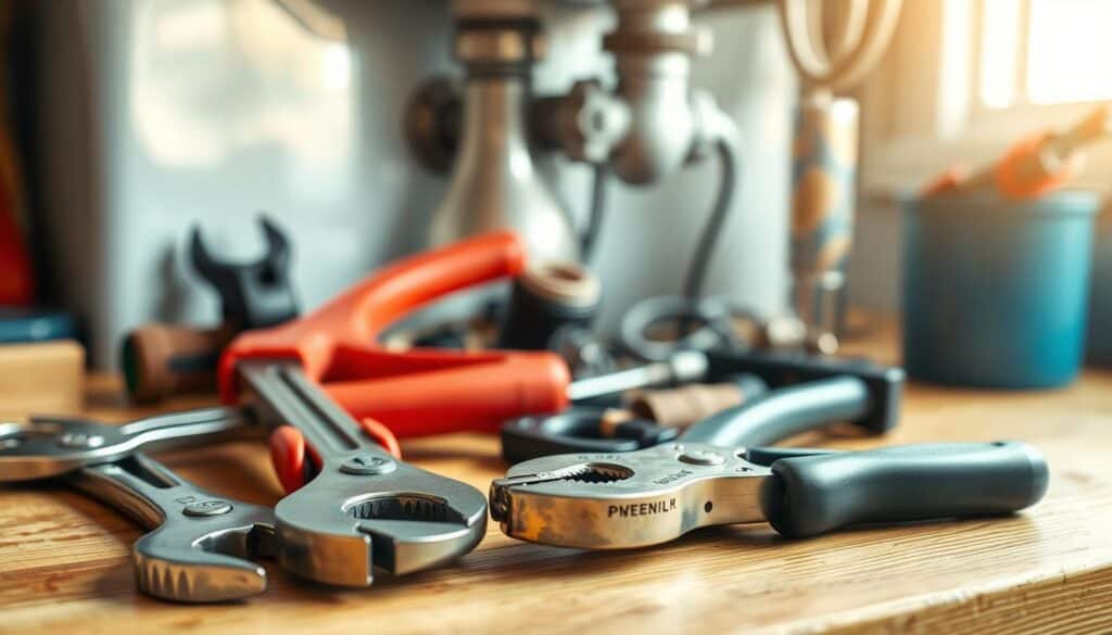 A cluttered workbench with various tools, including pliers, wrenches, and screwdrivers, under bright sunlight. Pipes and fittings are visible in the background, suggesting a plumbing work area.