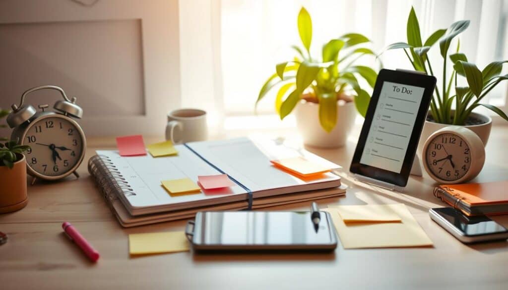 A well-organized workspace featuring a planner with colorful sticky notes, a tablet displaying a to-do list, a smartphone, two alarm clocks, a mug, and potted plants. Sunlight filters through a window, creating a bright and productive atmosphere.